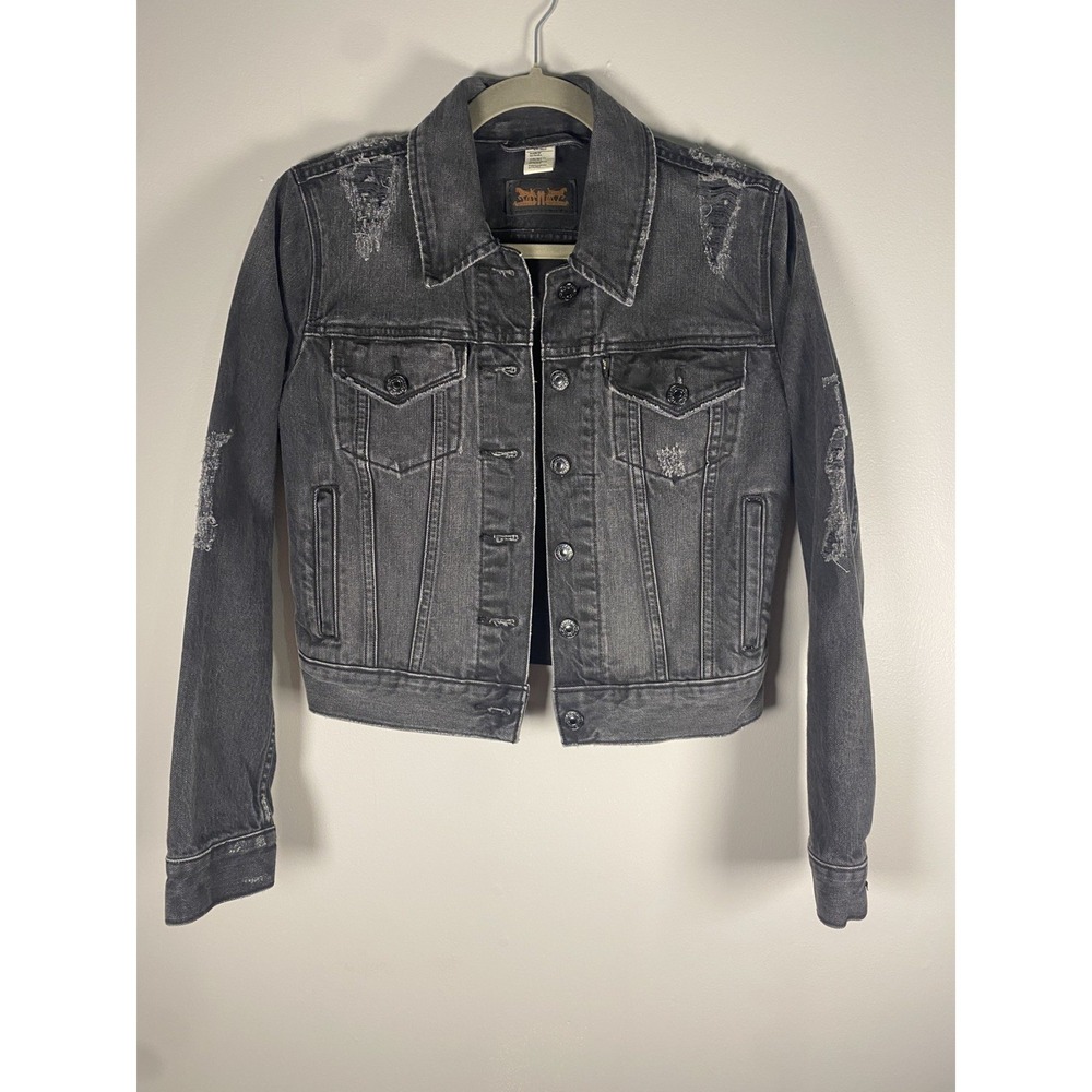 Levi's Woman's Black Denim Trucker Jacket‎ Distressed Moto Y2K Grunge Size Small